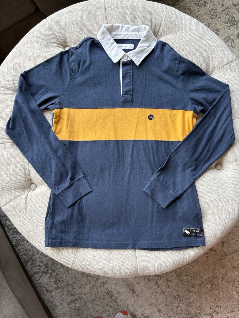 Abercrombie & Fitch Navy Long-Sleeve Rugby with Mustard Stripe and White Collar